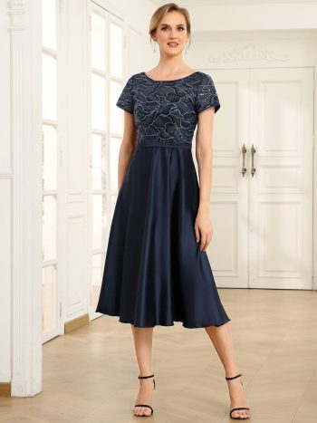 Sequin Short Sleeve Chiffon Midi Mother of the Bride Dress - Navy Blue