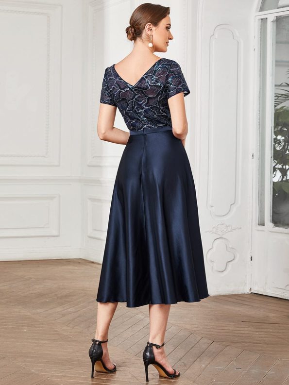 Sequin Short Sleeve Chiffon Midi Mother of the Bride Dress - Navy Blue