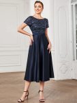 Sequin Short Sleeve Chiffon Midi Mother of the Bride Dress – Navy Blue