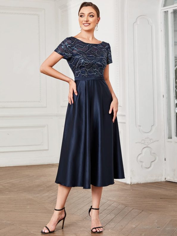 Sequin Short Sleeve Chiffon Midi Mother of the Bride Dress - Navy Blue