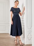 Sequin Short Sleeve Chiffon Midi Mother of the Bride Dress – Navy Blue