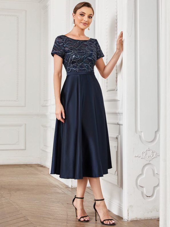 Sequin Short Sleeve Chiffon Midi Mother of the Bride Dress - Navy Blue