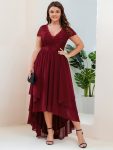 Short Sleeve Vintage Lace Short Sleeve High Low Mother of the Bride Dress – Burgundy