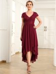 Short Sleeve Vintage Lace Short Sleeve High Low Mother of the Bride Dress – Burgundy