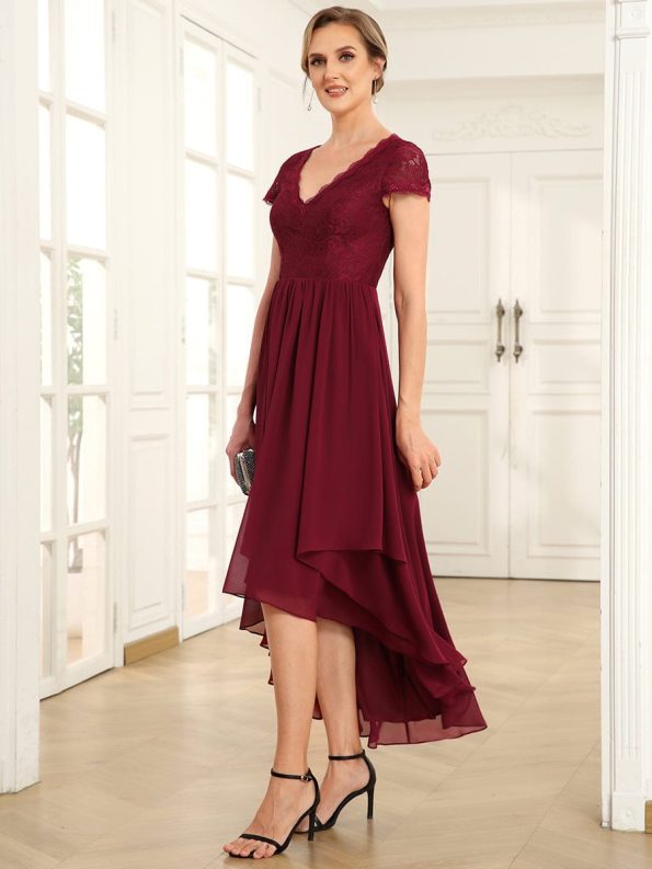 Short Sleeve Vintage Lace Short Sleeve High Low Mother of the Bride Dress - Burgundy