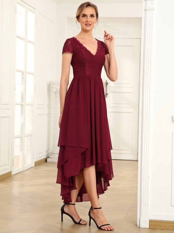 Short Sleeve Vintage Lace Short Sleeve High Low Mother of the Bride Dress - Burgundy