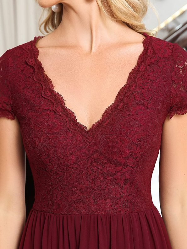 Short Sleeve Vintage Lace Short Sleeve High Low Mother of the Bride Dress - Burgundy