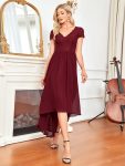 Short Sleeve Vintage Lace Short Sleeve High Low Mother of the Bride Dress – Burgundy