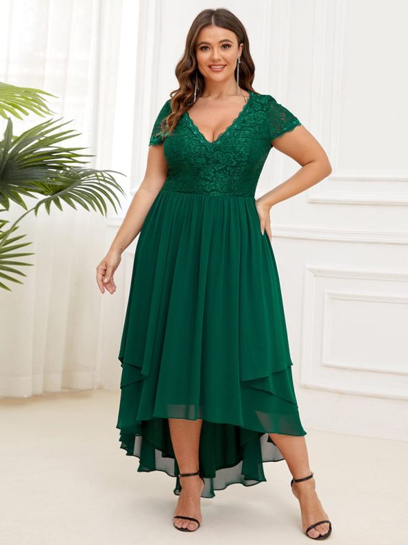 Short Sleeve Vintage Lace Short Sleeve High Low Mother of the Bride Dress - Dark Green