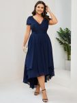 Short Sleeve Vintage Lace Short Sleeve High Low Mother of the Bride Dress – Navy Blue