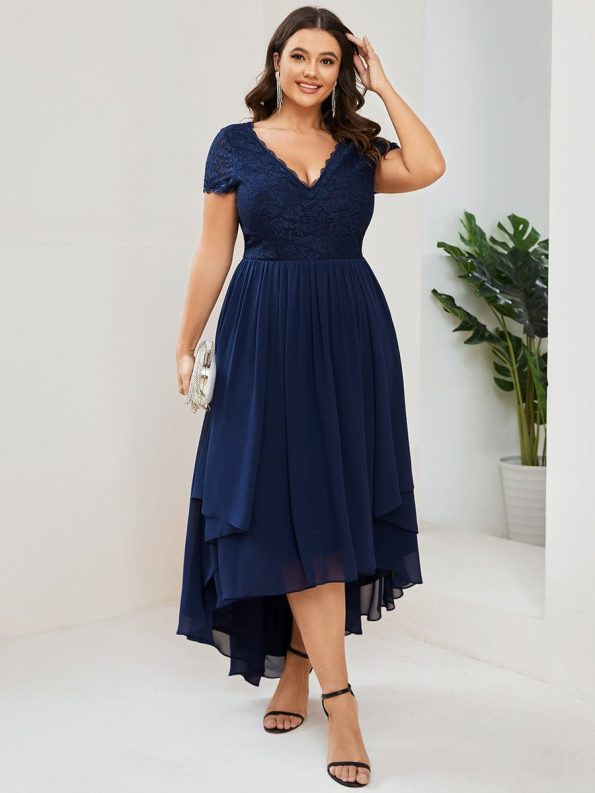 Short Sleeve Vintage Lace Short Sleeve High Low Mother of the Bride Dress - Navy Blue