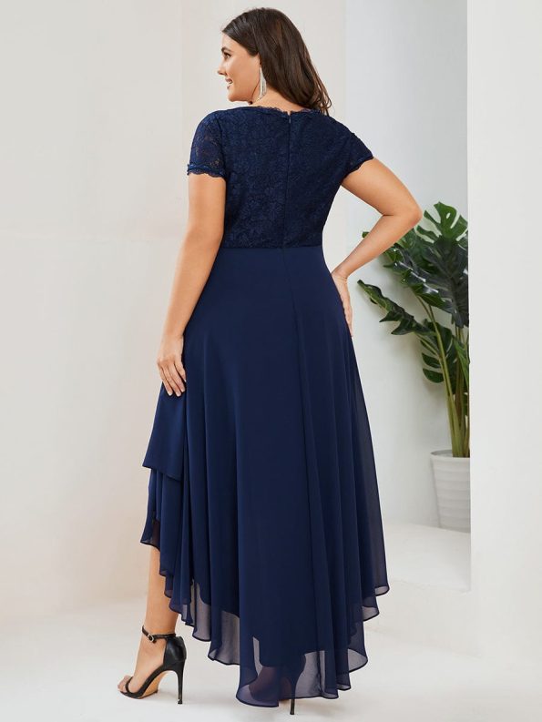 Short Sleeve Vintage Lace Short Sleeve High Low Mother of the Bride Dress - Navy Blue