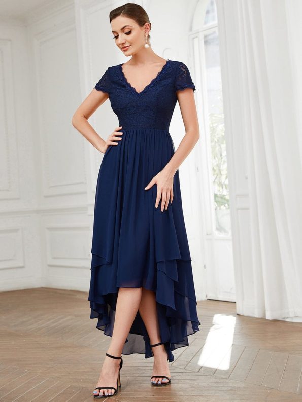 Short Sleeve Vintage Lace Short Sleeve High Low Mother of the Bride Dress - Navy Blue