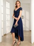 Short Sleeve Vintage Lace Short Sleeve High Low Mother of the Bride Dress – Navy Blue