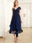 Short Sleeve Vintage Lace Short Sleeve High Low Mother of the Bride Dress – Navy Blue