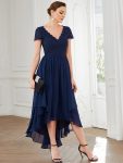 Short Sleeve Vintage Lace Short Sleeve High Low Mother of the Bride Dress – Navy Blue