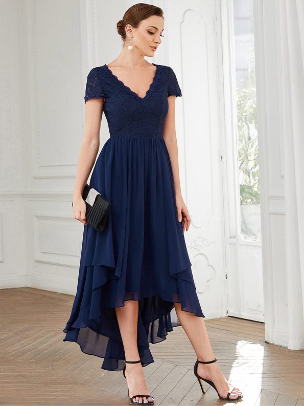 Short Sleeve Vintage Lace Short Sleeve High Low Mother of the Bride Dress - Navy Blue