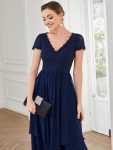 Short Sleeve Vintage Lace Short Sleeve High Low Mother of the Bride Dress – Navy Blue