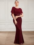 Lace Fishtail Chiffon Coverup Mother of the Bride Dress – Burgundy