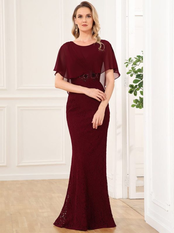 Lace Fishtail Chiffon Coverup Mother of the Bride Dress - Burgundy