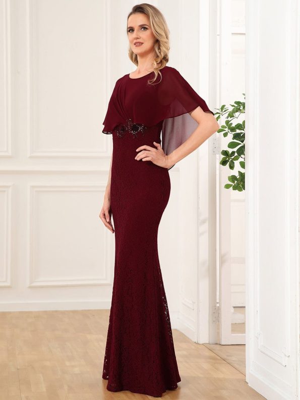 Lace Fishtail Chiffon Coverup Mother of the Bride Dress - Burgundy