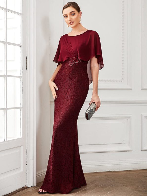 Lace Fishtail Chiffon Coverup Mother of the Bride Dress - Burgundy