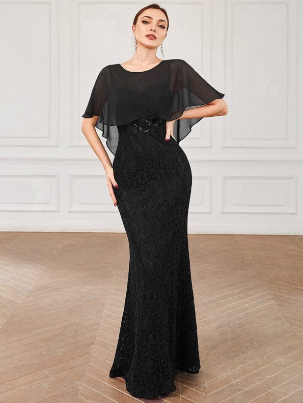 Lace Fishtail Chiffon Coverup Mother of the Bride Dress - Black