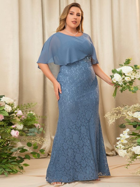 Lace Fishtail Chiffon Coverup Mother of the Bride Dress - Dusty Navy