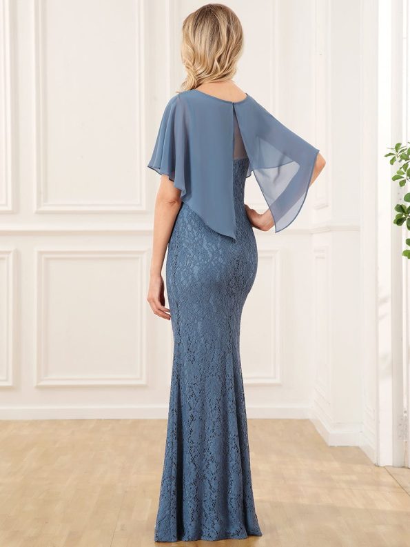 Lace Fishtail Chiffon Coverup Mother of the Bride Dress - Dusty Navy