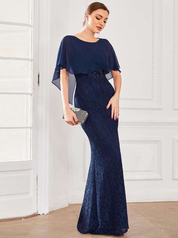 Lace Fishtail Chiffon Coverup Mother of the Bride Dress - Navy Blue