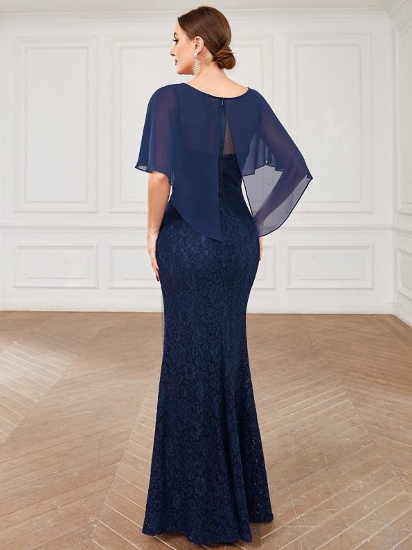 Lace Fishtail Chiffon Coverup Mother of the Bride Dress - Navy Blue