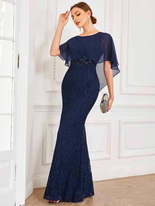 Lace Fishtail Chiffon Coverup Mother of the Bride Dress - Navy Blue