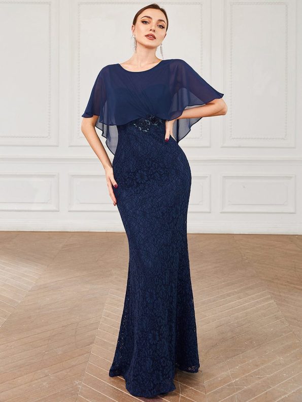 Lace Fishtail Chiffon Coverup Mother of the Bride Dress - Navy Blue