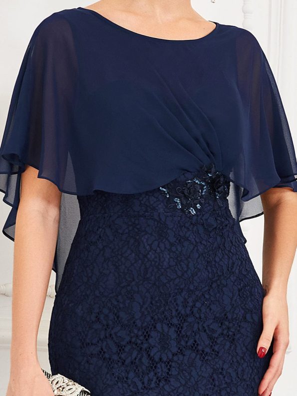 Lace Fishtail Chiffon Coverup Mother of the Bride Dress - Navy Blue