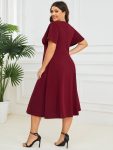 Short Flutter Sleeve V-Neck Midi Mother of the Bride Dress – Burgundy