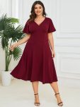 Short Flutter Sleeve V-Neck Midi Mother of the Bride Dress – Burgundy