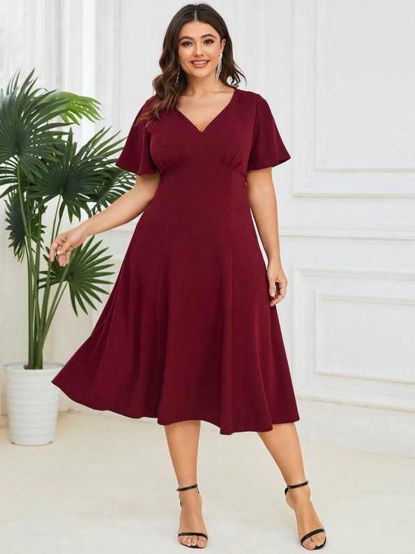 Short Flutter Sleeve V-Neck Midi Mother of the Bride Dress - Burgundy