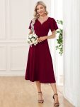 Short Flutter Sleeve V-Neck Midi Mother of the Bride Dress – Burgundy