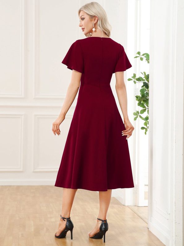 Short Flutter Sleeve V-Neck Midi Mother of the Bride Dress - Burgundy