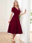 Short Flutter Sleeve V-Neck Midi Mother of the Bride Dress – Burgundy