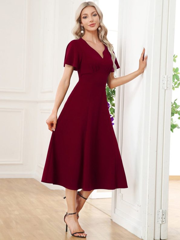 Short Flutter Sleeve V-Neck Midi Mother of the Bride Dress - Burgundy