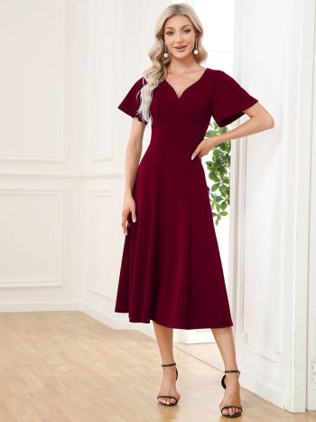 Short Flutter Sleeve V-Neck Midi Mother of the Bride Dress - Burgundy