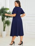 Short Flutter Sleeve V-Neck Midi Mother of the Bride Dress – Navy Blue