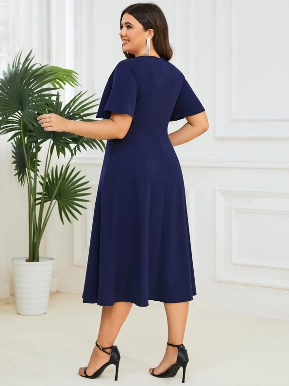 Short Flutter Sleeve V-Neck Midi Mother of the Bride Dress - Navy Blue