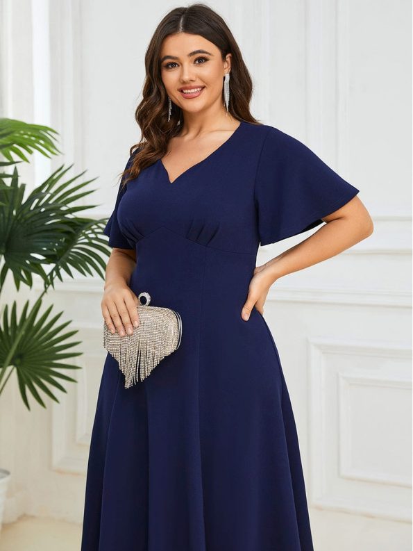 Short Flutter Sleeve V-Neck Midi Mother of the Bride Dress - Navy Blue