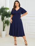 Short Flutter Sleeve V-Neck Midi Mother of the Bride Dress – Navy Blue