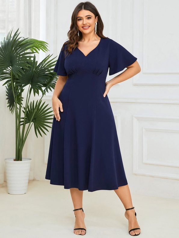 Short Flutter Sleeve V-Neck Midi Mother of the Bride Dress - Navy Blue