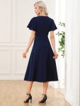 Short Flutter Sleeve V-Neck Midi Mother of the Bride Dress – Navy Blue