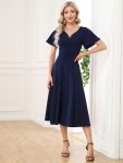 Short Flutter Sleeve V-Neck Midi Mother of the Bride Dress – Navy Blue