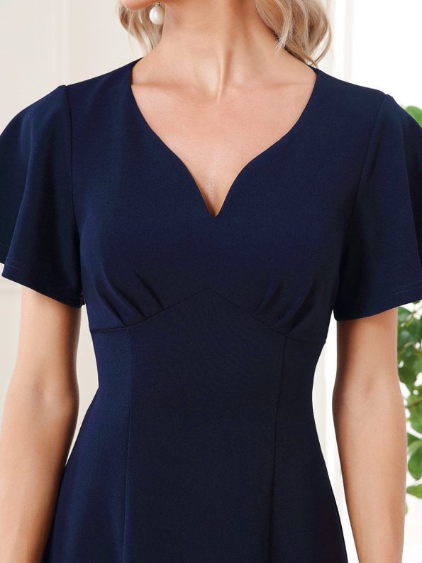 Short Flutter Sleeve V-Neck Midi Mother of the Bride Dress - Navy Blue